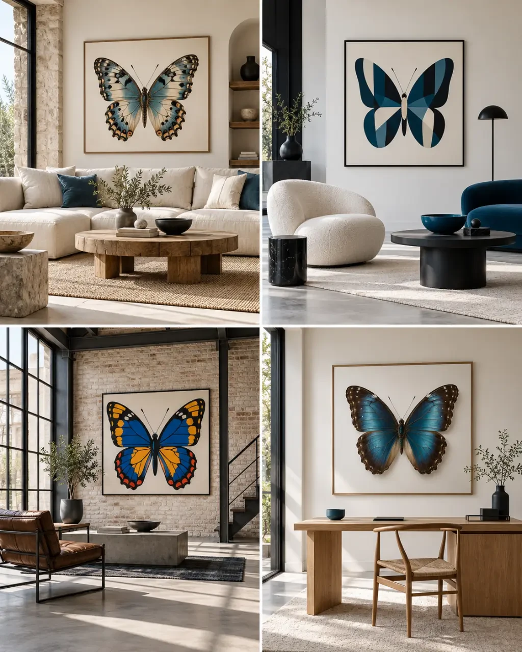 Tableau papillon dans quatre styles de décoration intérieure : naturaliste, abstrait, pop art et photographie