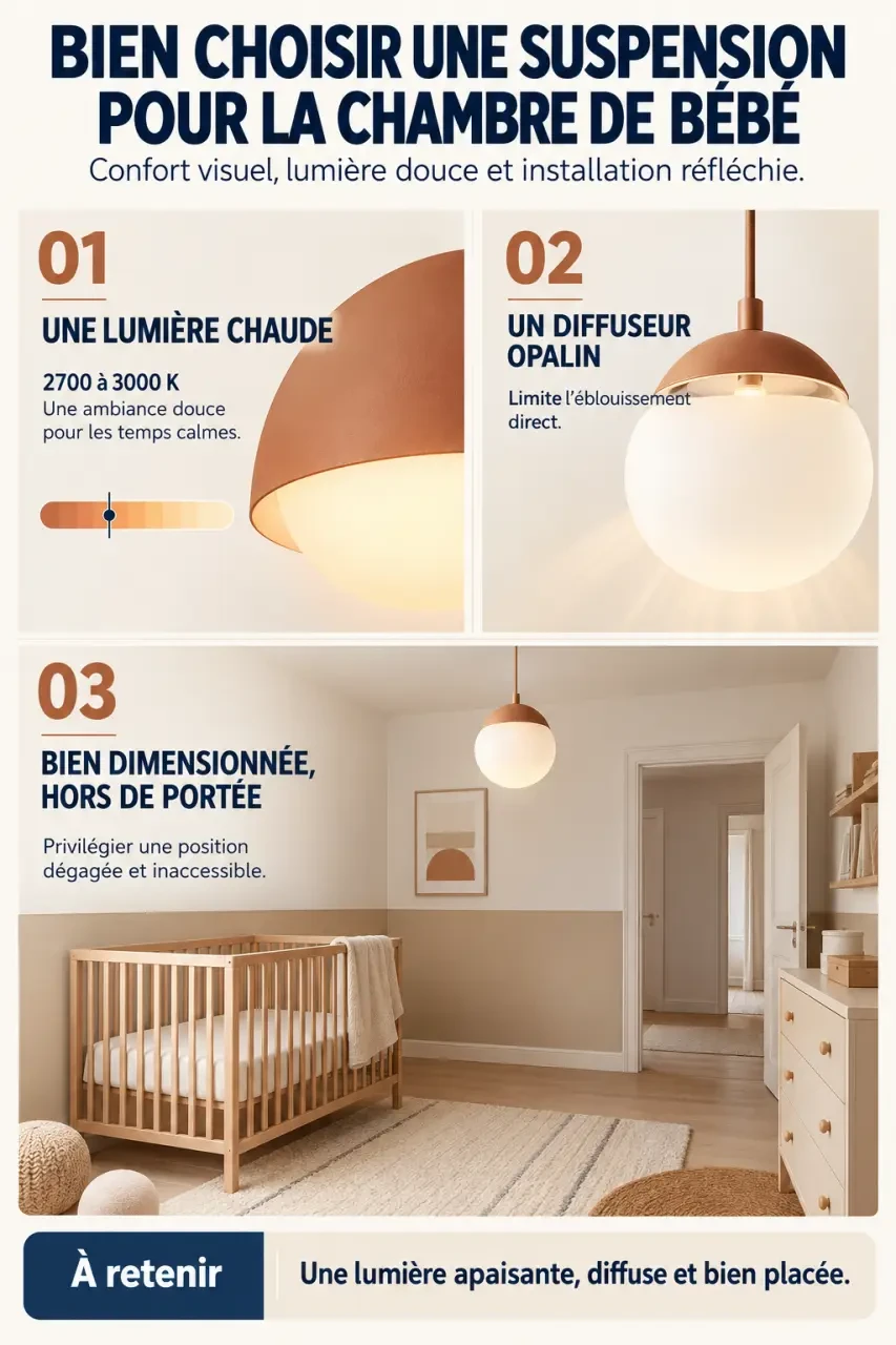 Infographie pour choisir une suspension bébé avec lumière chaude, diffuseur et règles de sécurité
