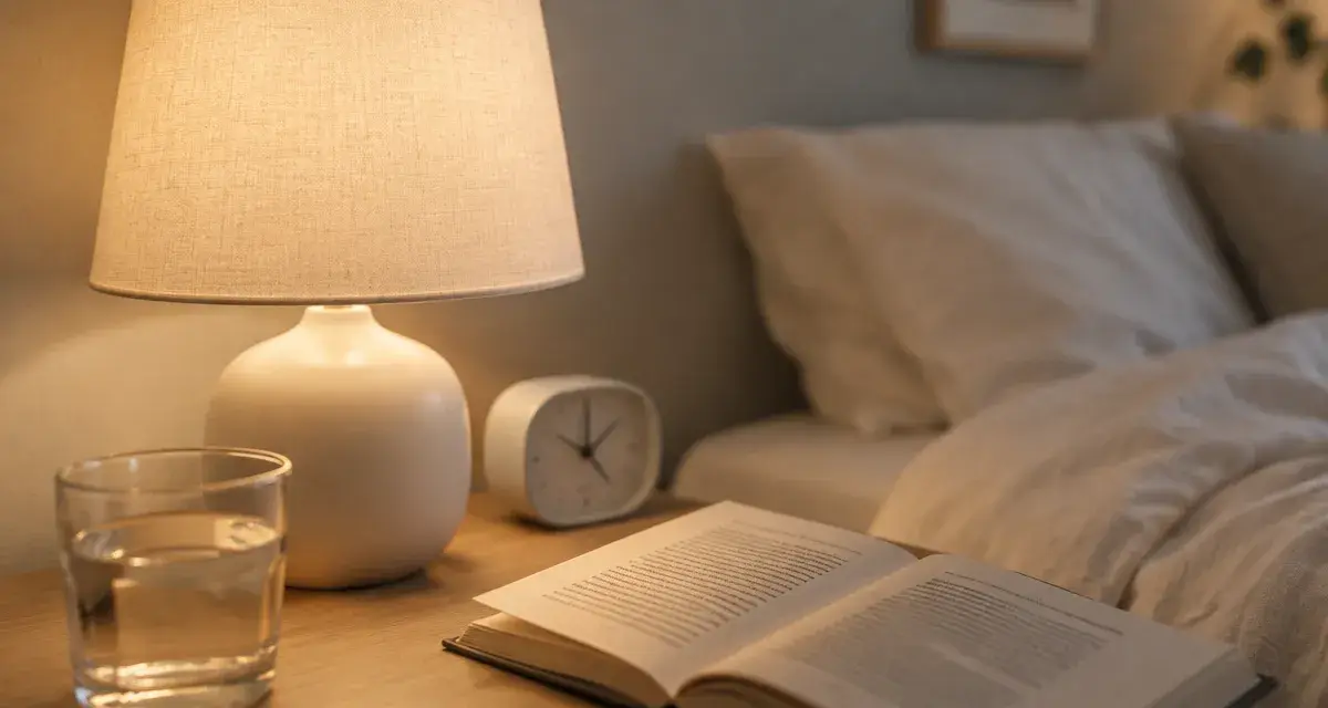 Lampe de chevet blanc sur table de nuit, lumière chaude et tamisée
