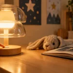 Lampe de chevet garçon allumée dans une chambre d’enfant