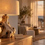 Lampe en bois flotté sur console en chêne, abat-jour lin écru