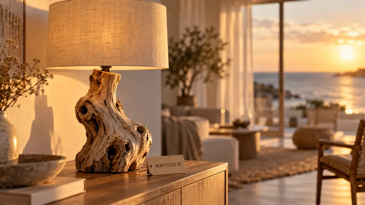 Lampe en bois flotté sur console en chêne, abat-jour lin écru