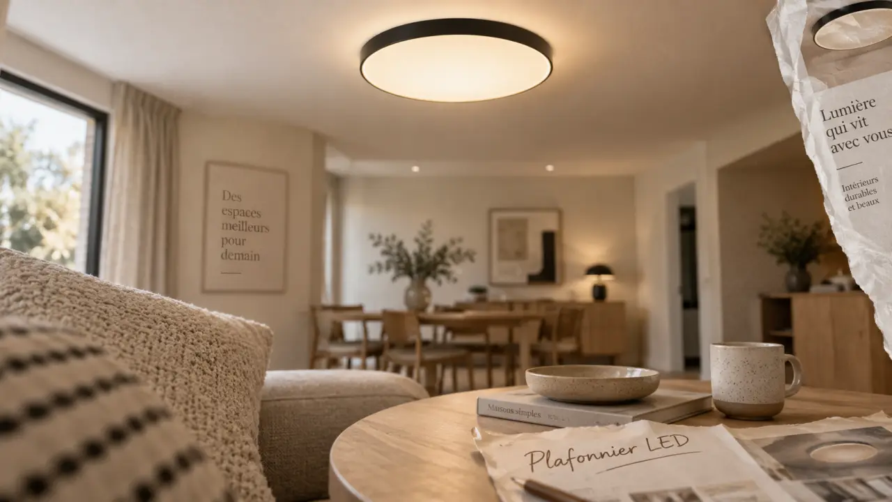 Luminaire plafonnier LED noir, verre opalin, lumière homogène