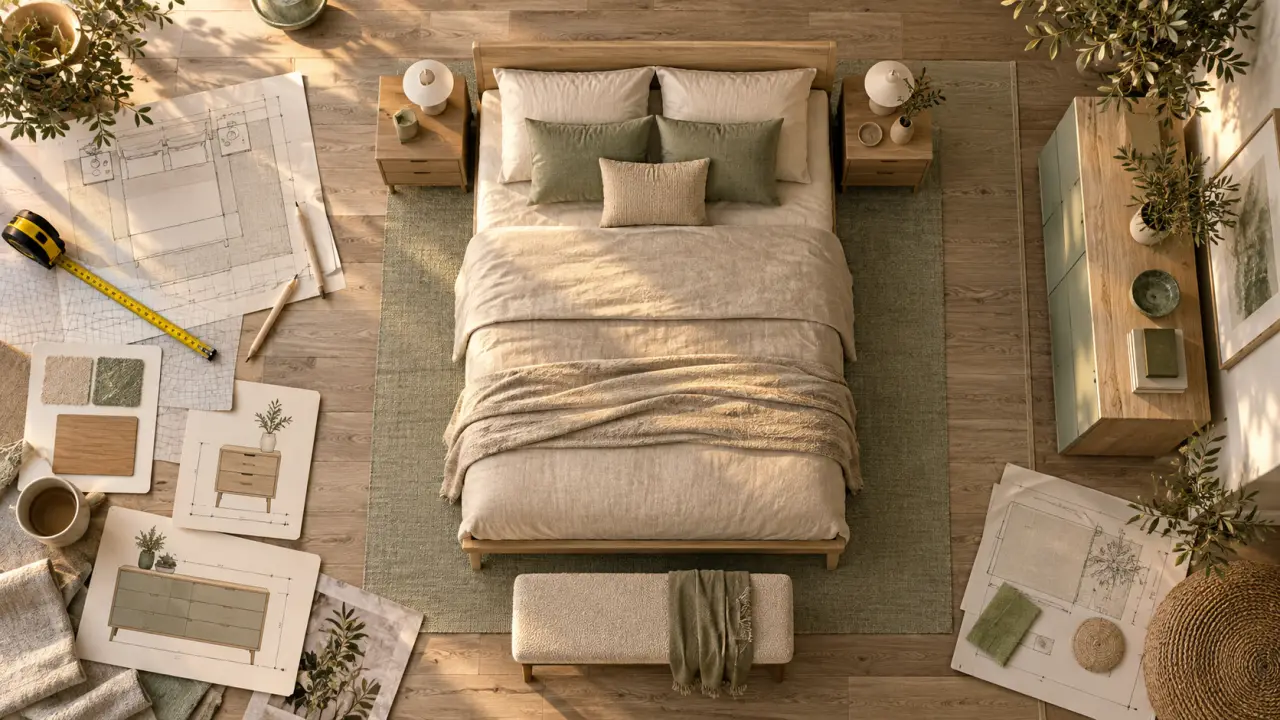 Meuble chambre design : lit et rangements en bois clair, vue à plat