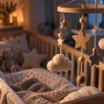 Mobile enfant en bois et tissu au-dessus du berceau