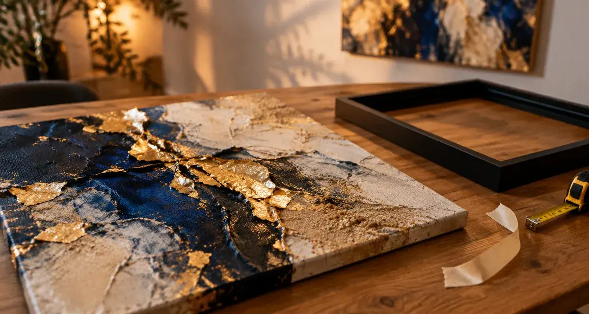 Tableau contemporain mixed-media sur table en chêne mat, cadre noir