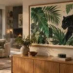 Tableau jungle sur mur, palmes et panthère stylisée