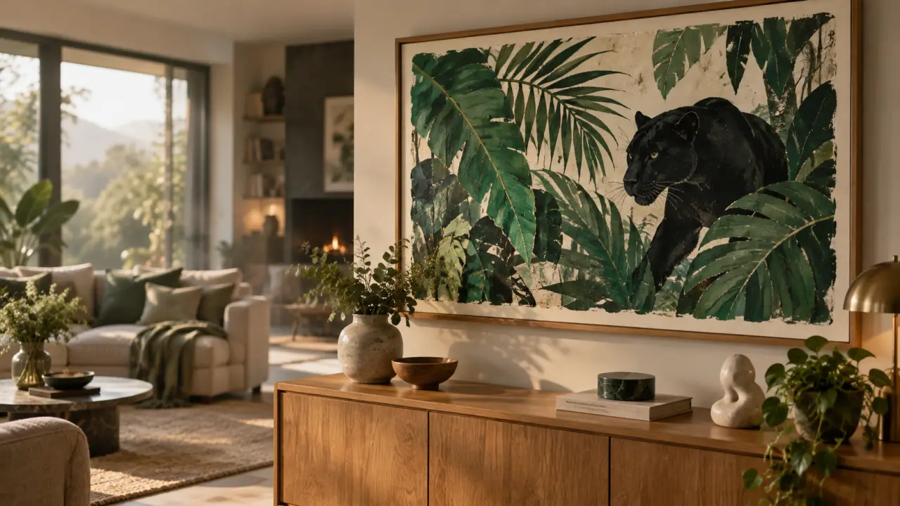 Tableau jungle sur mur, palmes et panthère stylisée
