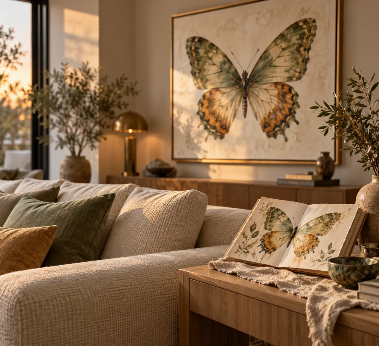 Tableau papillon sur le mur, décor salon contemporain